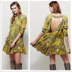 Free People Smooth Talker Floral Tunic Bohemian Flowy Dress Mustard Yellow Sz S